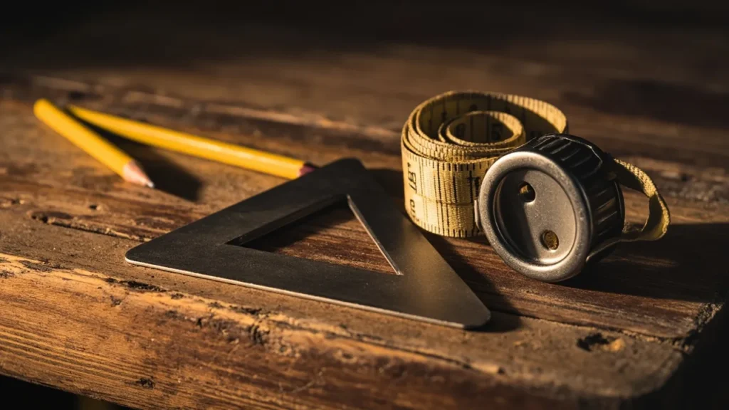 Woodworking tools for accurate measuring and marking, including tape measure, square, and pencil.