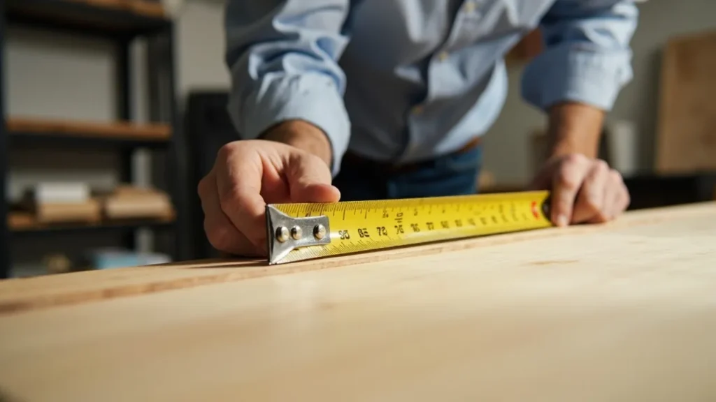 Measuring wood accurately using a tape measure on a wooden board.