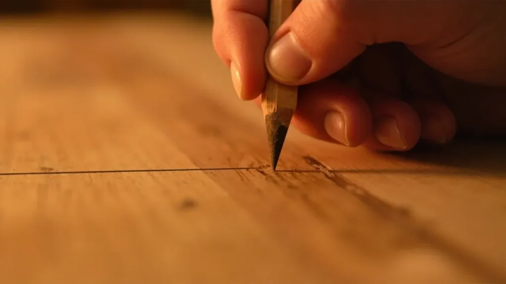 Marking wood with a carpenter’s pencil for precise cuts.