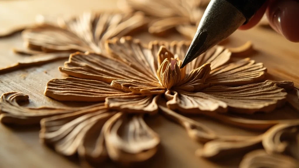 Close-up of a relief carving in progress, showing detailed floral patterns on a wooden panel.