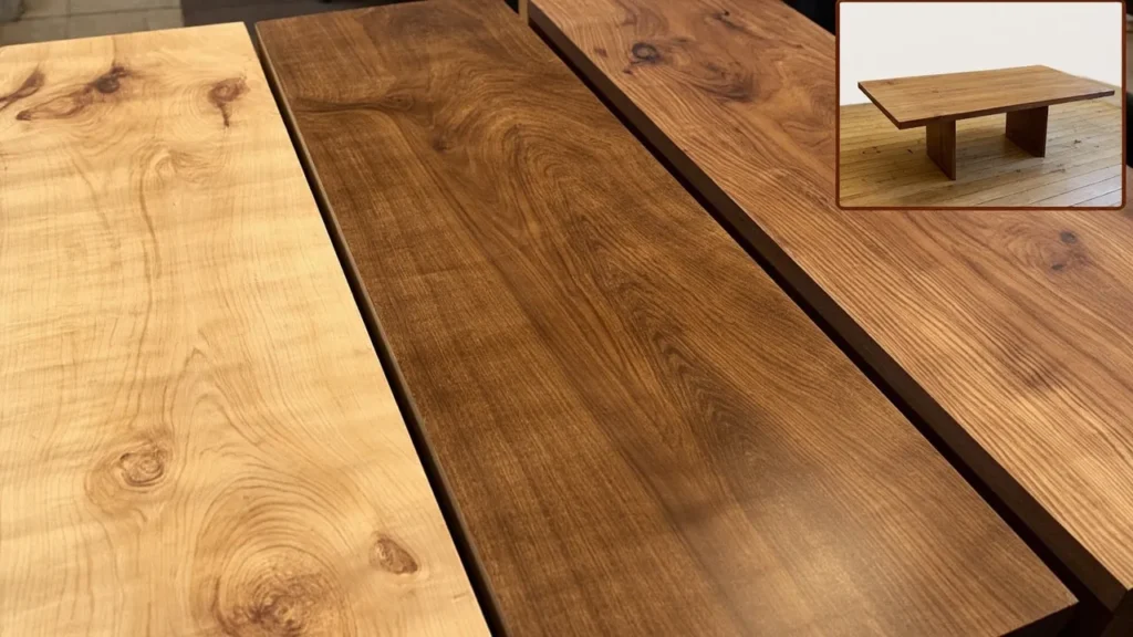 Oil-based finishes enhancing the natural grain of oak and walnut hardwoods.