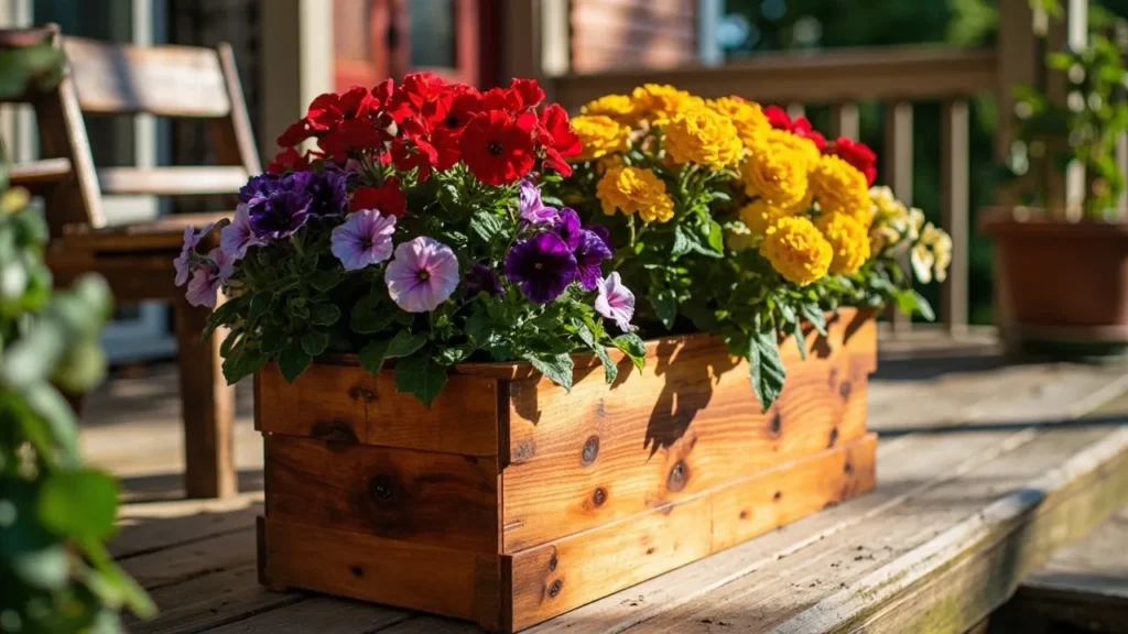 Finished wooden planter box with flowers on a porch.