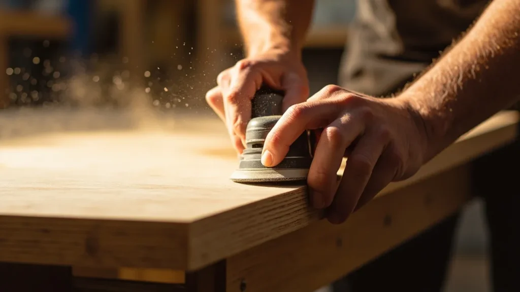 Sanding the edges of a plywood sheet with fine-grit sandpaper for a smooth finish.