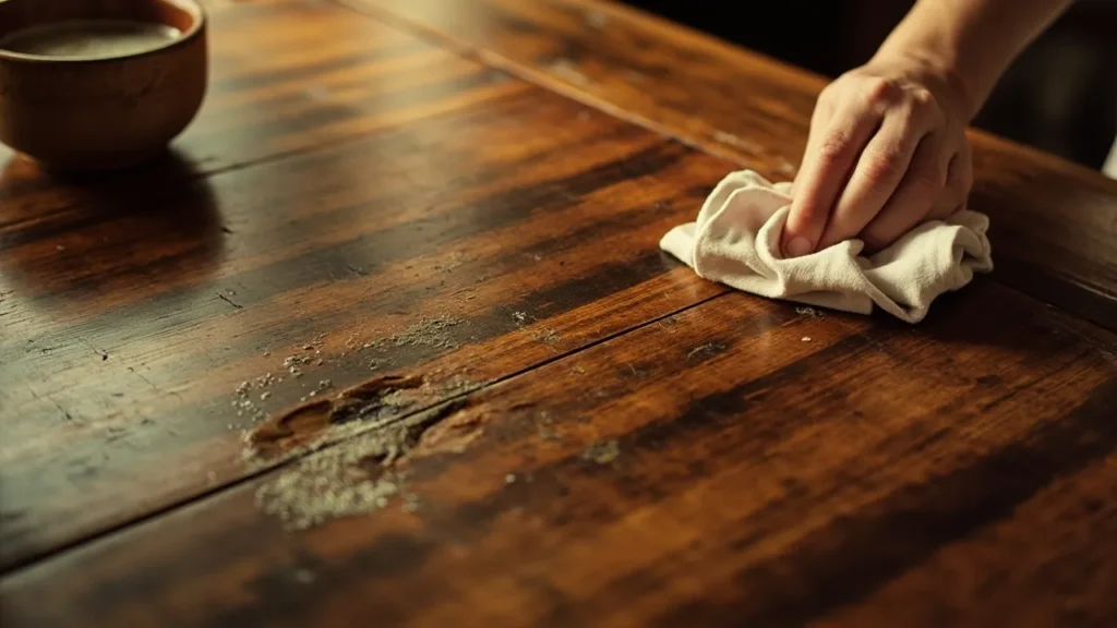 Cleaning antique wooden furniture with mild soap and soft cloth.