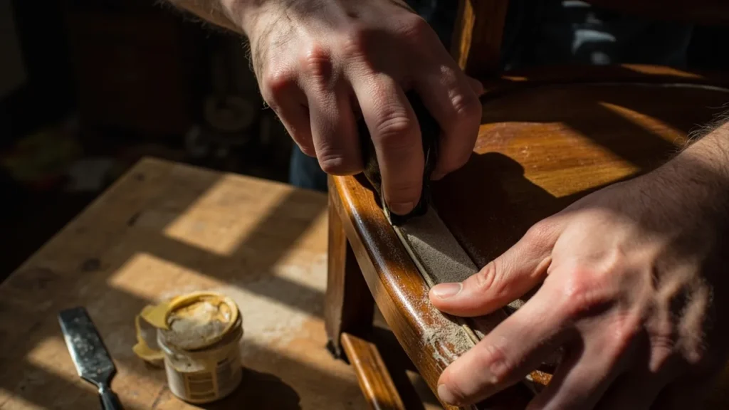 Sanding and repairing antique wooden furniture with sandpaper and wood filler.