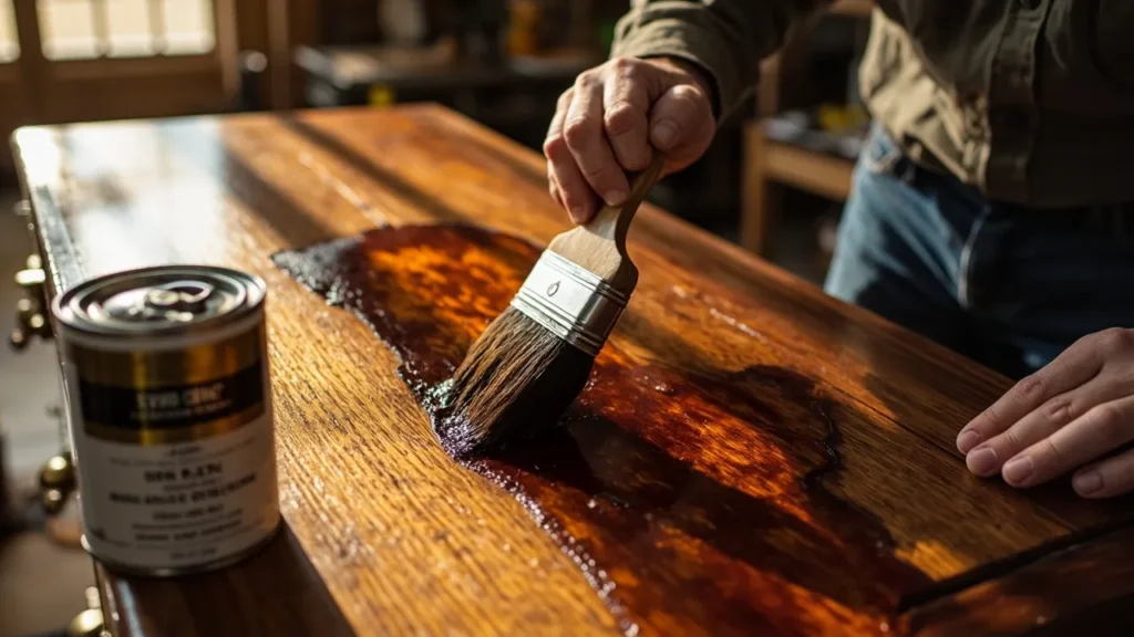 Applying wood stain and sealant to antique wooden furniture.