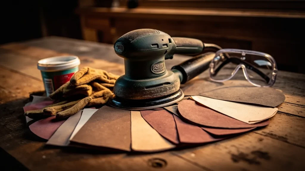 Collection of sanding tools including sandpaper, orbital sander, wood filler, and safety gear on a wooden workbench.