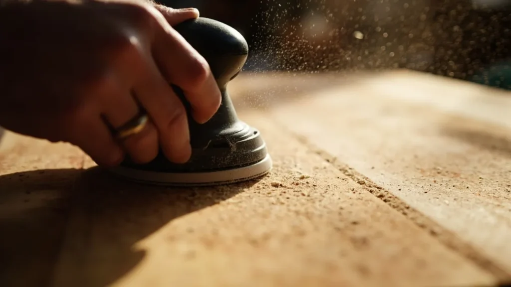 Hand sanding a wooden board with sandpaper, following the direction of the wood grain for a smooth finish.