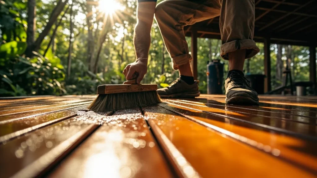 Applying water-resistant sealer to a wooden deck in a humid climate to prevent warping and mold.