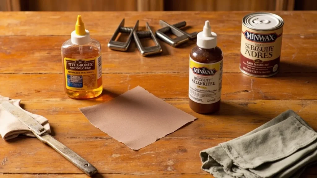 Tools and materials for repairing antique wooden furniture: wood glue, clamps, sandpaper, and sealant.