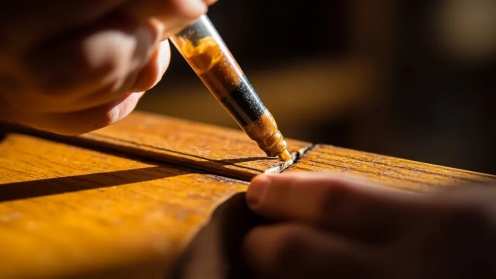 Close-up of wood glue being applied to a loose joint in antique wooden furniture using a syringe.