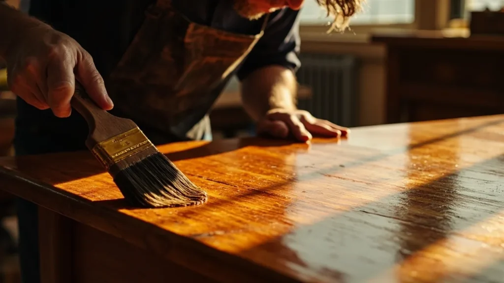 Applying wood sealant to antique furniture to protect against moisture and pests.