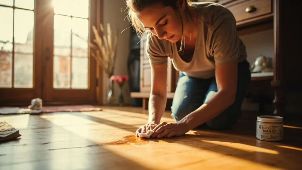 Woman applying wood wax to scratched floor with a soft cloth.