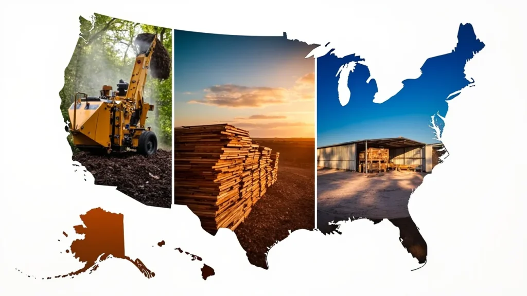 Regional wood waste solutions: A map of the US showing climate-specific recycling methods.