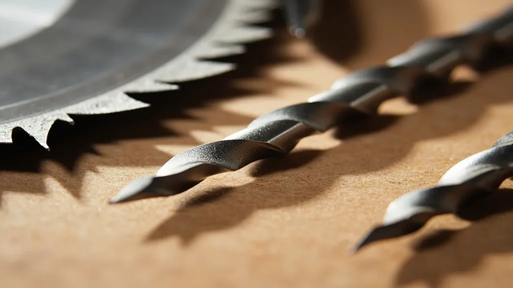 Carbide-tipped saw blades and drill bits for hardwood projects.