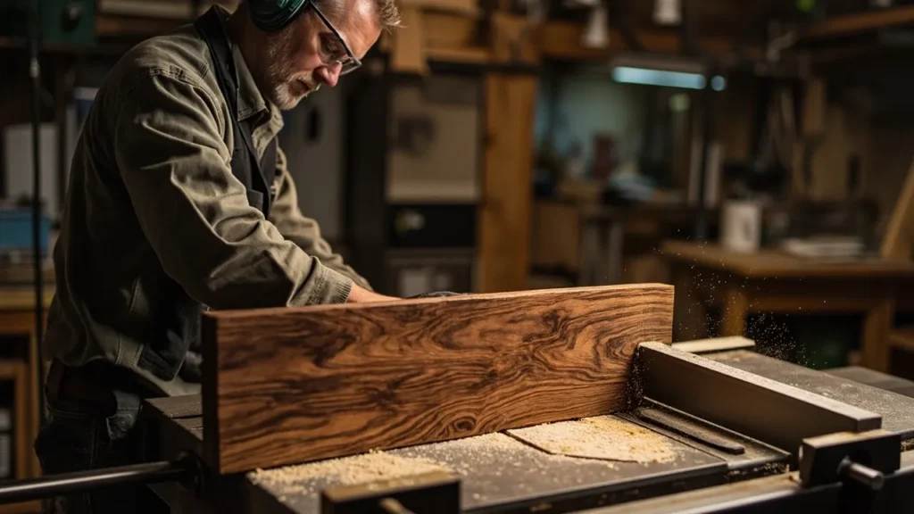 Woodworker using a table saw to cut walnut lumber.