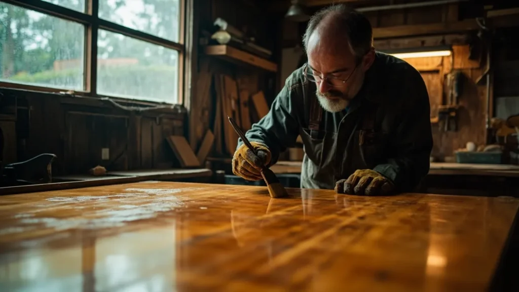 Woodworker applying water-resistant finish to oak in a humid climate.